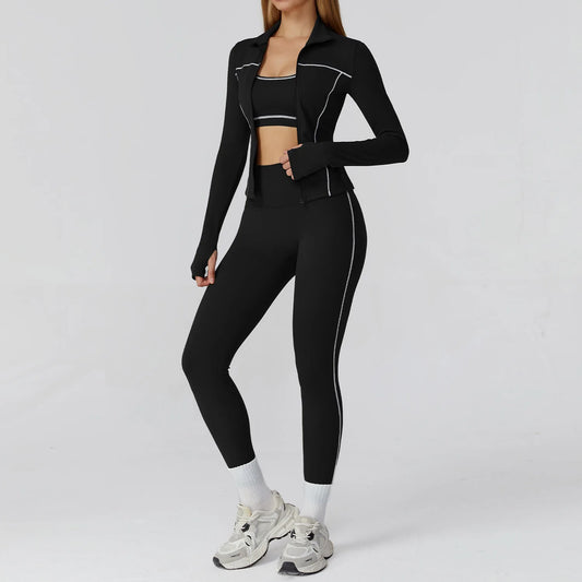 3PCS Seamless Crop Bra, Zip Front Jacket & High Waisted Gym Leggings Set