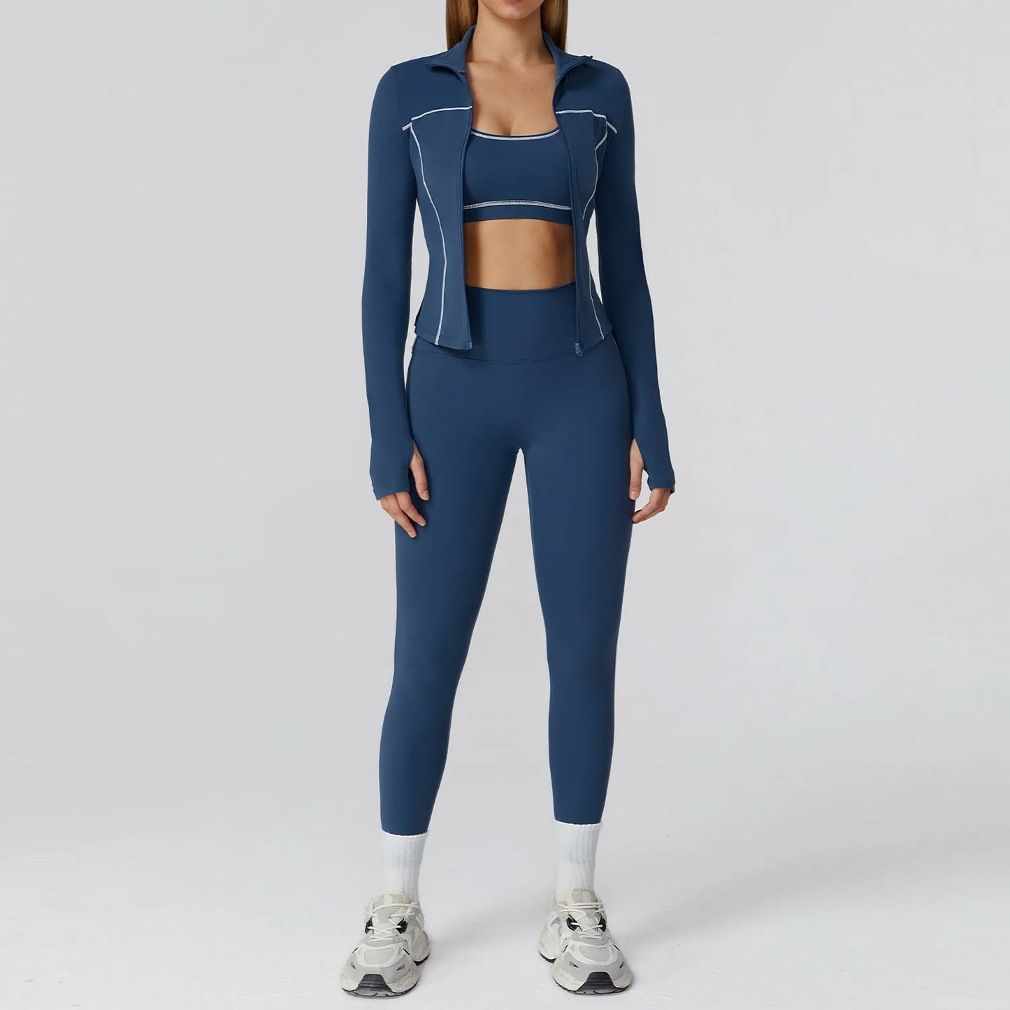 3PCS Seamless Crop Bra, Zip Front Jacket & High Waisted Gym Leggings Set