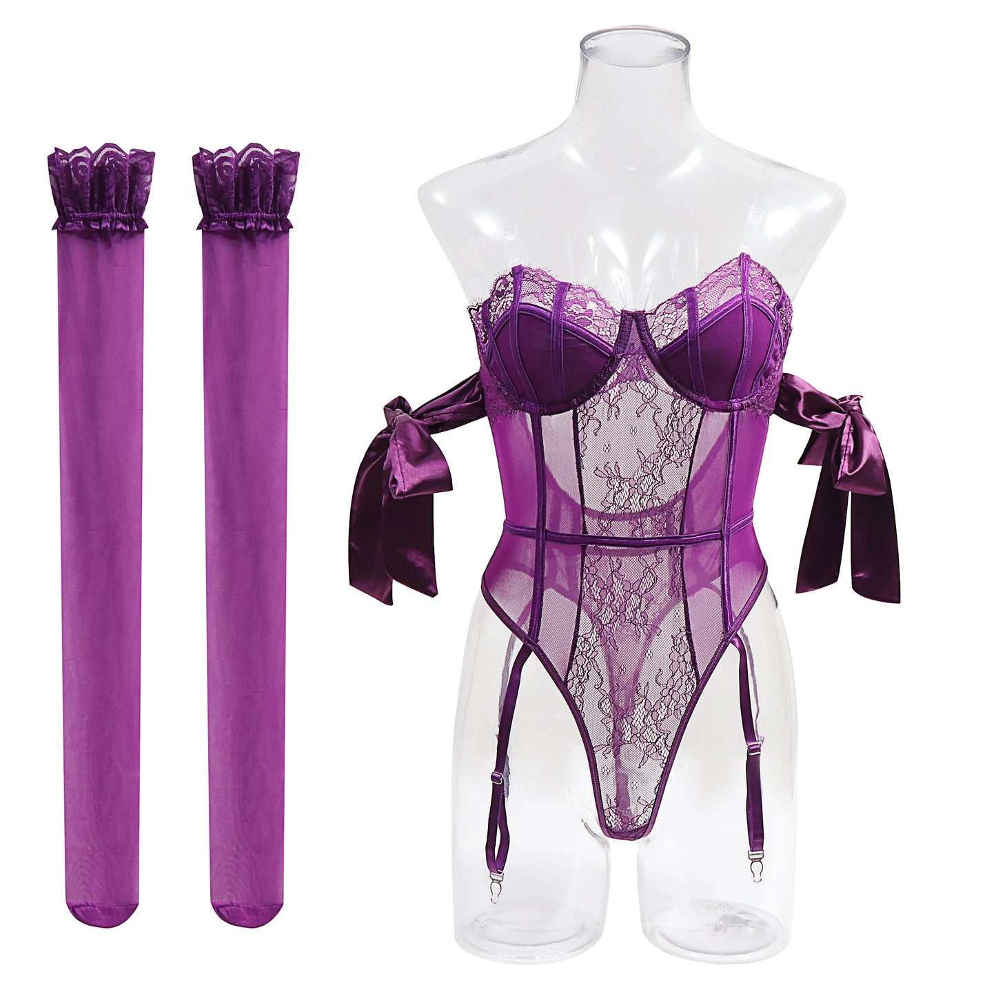 5 Pcs Purple See Through Mesh Lingerie Set with Stocking Sleeve
