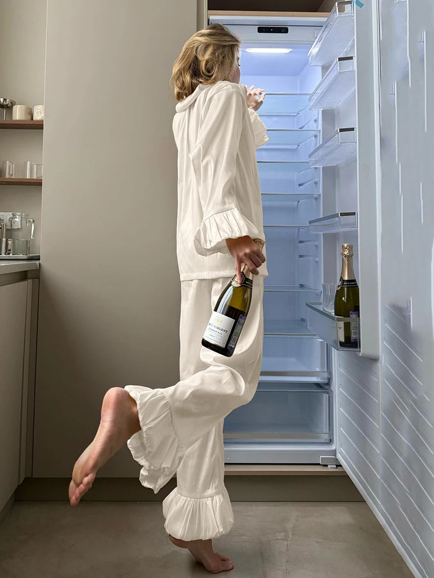 2 Pcs Beige Long Sleeve Turn-Down Collar Pyjama Set