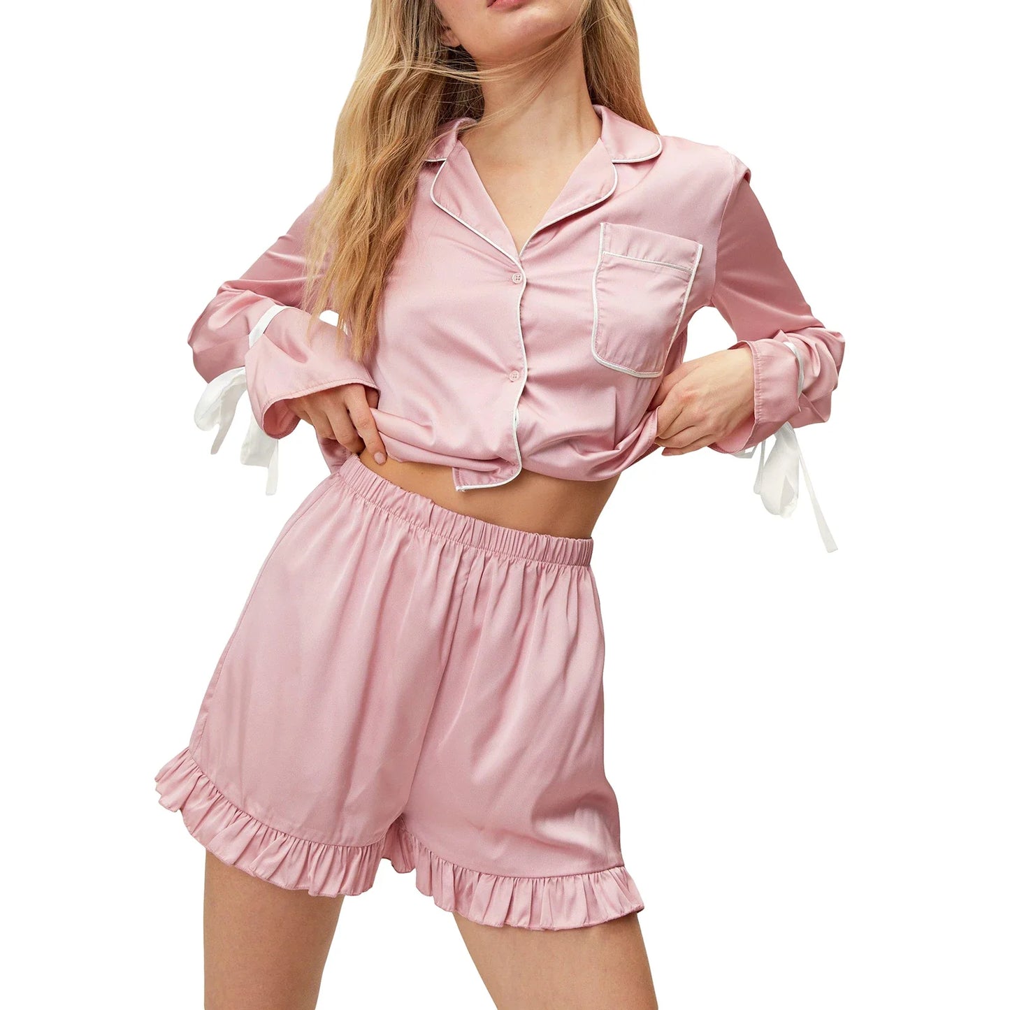 2 Pcs Long Sleeve Tie-Up Contrast Color Shirt with Shorts Set