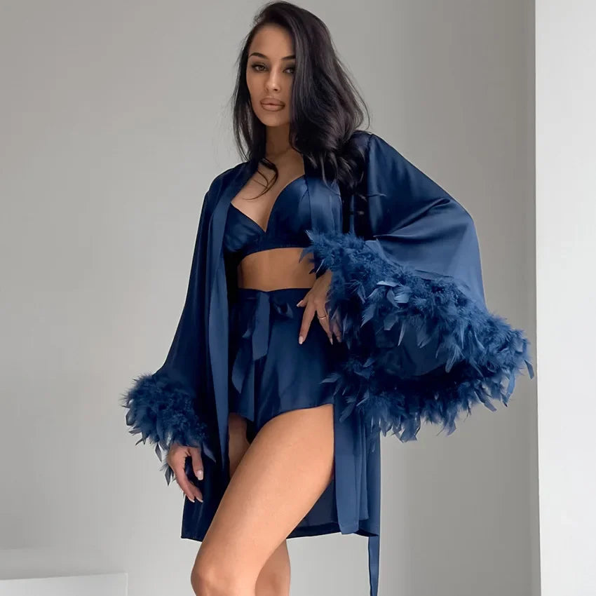 Silk Top Shorts Nightgown 3 Piece Set