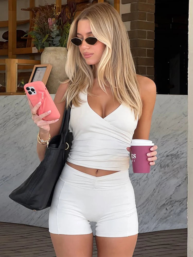 2 Piece Sets Deep V Neck Crop Top & Biker Shorts Set