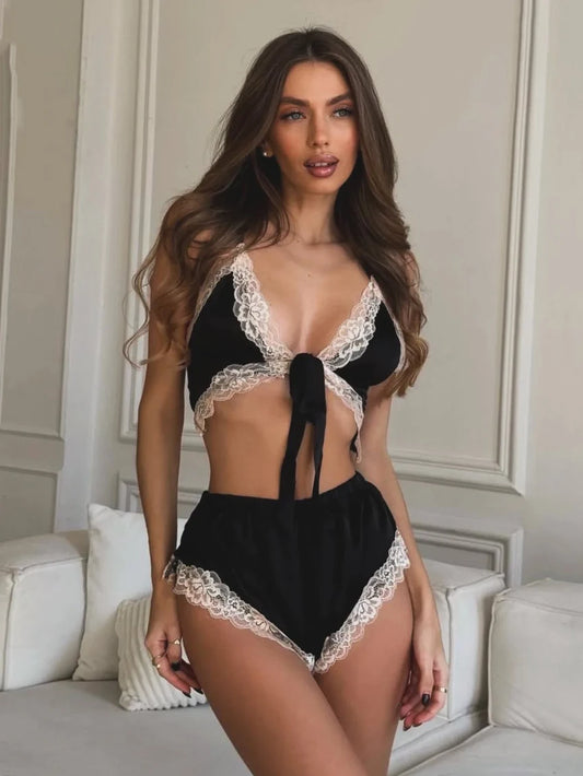 Marthaqiqi Summer Women Sleepwear Set Sexy Spaghetti Strap V-Neck Pajamas Lace up Nightie Tank Top Nightwear Shorts Home Clothes