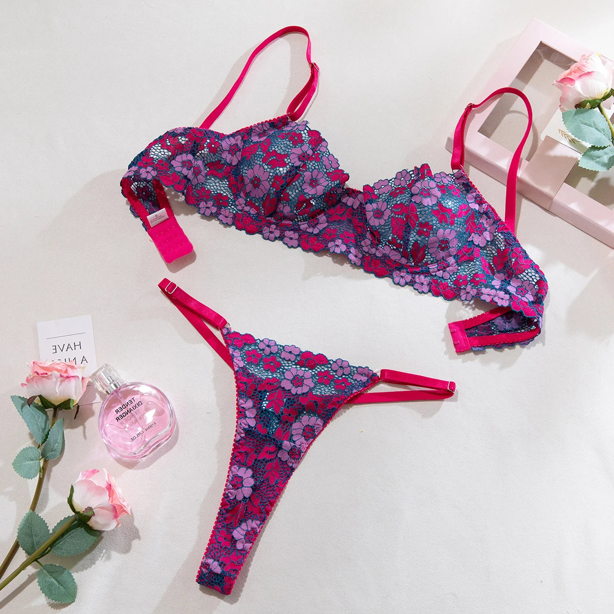 Purple Floral Lingerie Set with Thong