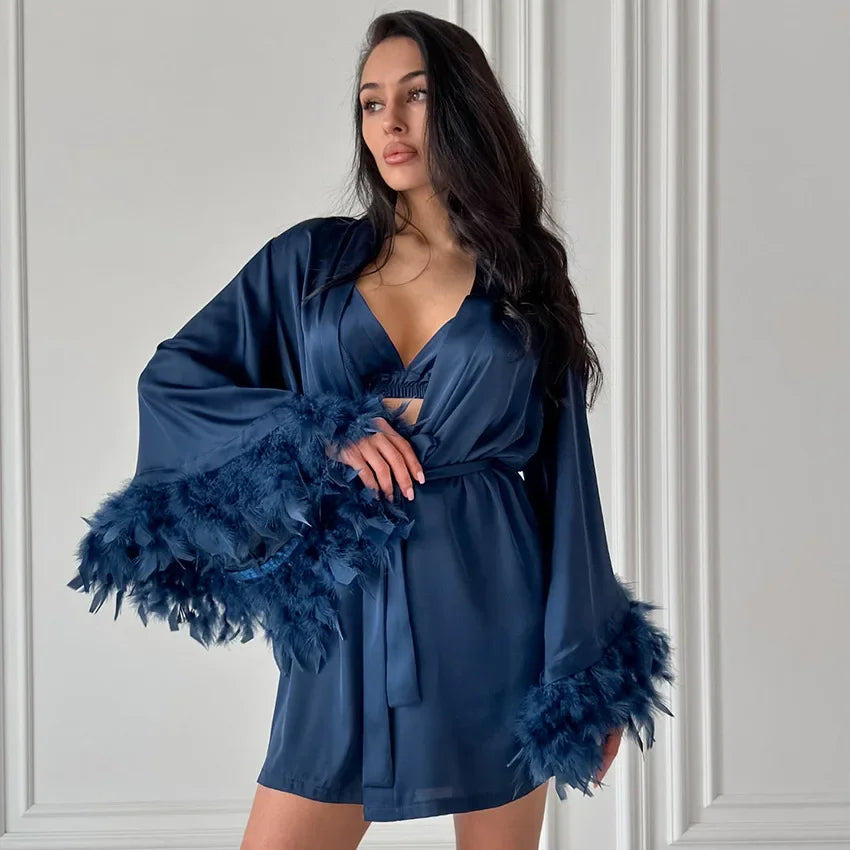 Silk Top Shorts Nightgown 3 Piece Set