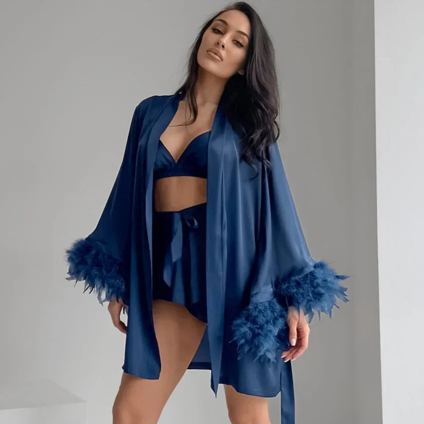Silk Top Shorts Nightgown 3 Piece Set