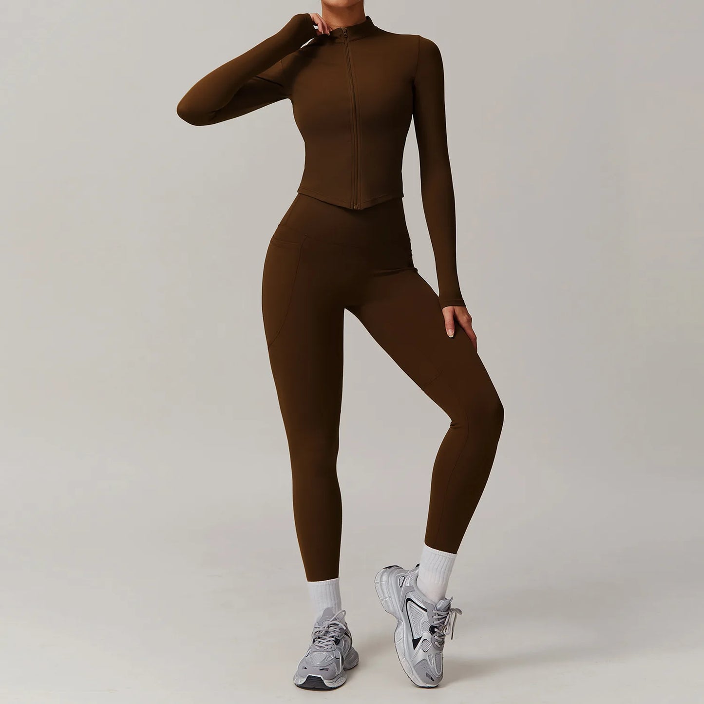 2PCS Long Sleeve Zip Front Top & High Waisted Gym Leggings