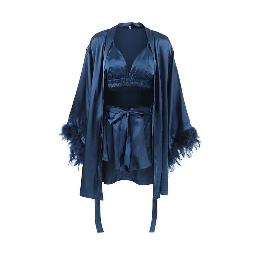 Silk Top Shorts Nightgown 3 Piece Set