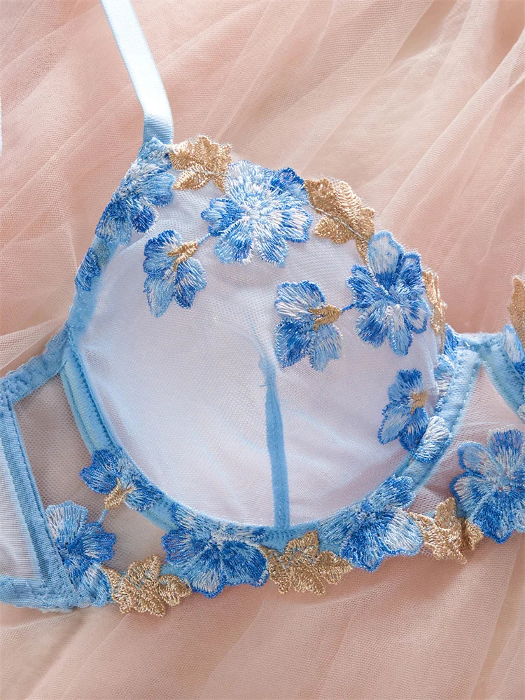 Blue Floral Lace Bra & Beautiful Bra & Knickers Lingerie Set