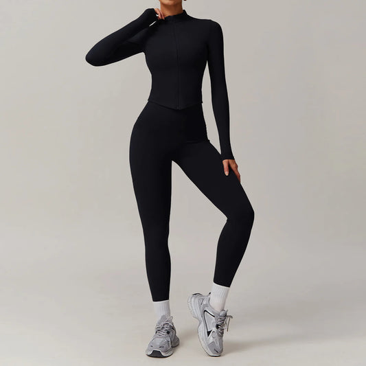 2PCS Long Sleeve Zip Front Top & High Waisted Gym Leggings