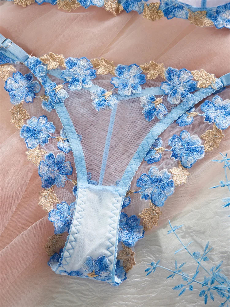 Blue Floral Lace Bra & Beautiful Bra & Knickers Lingerie Set