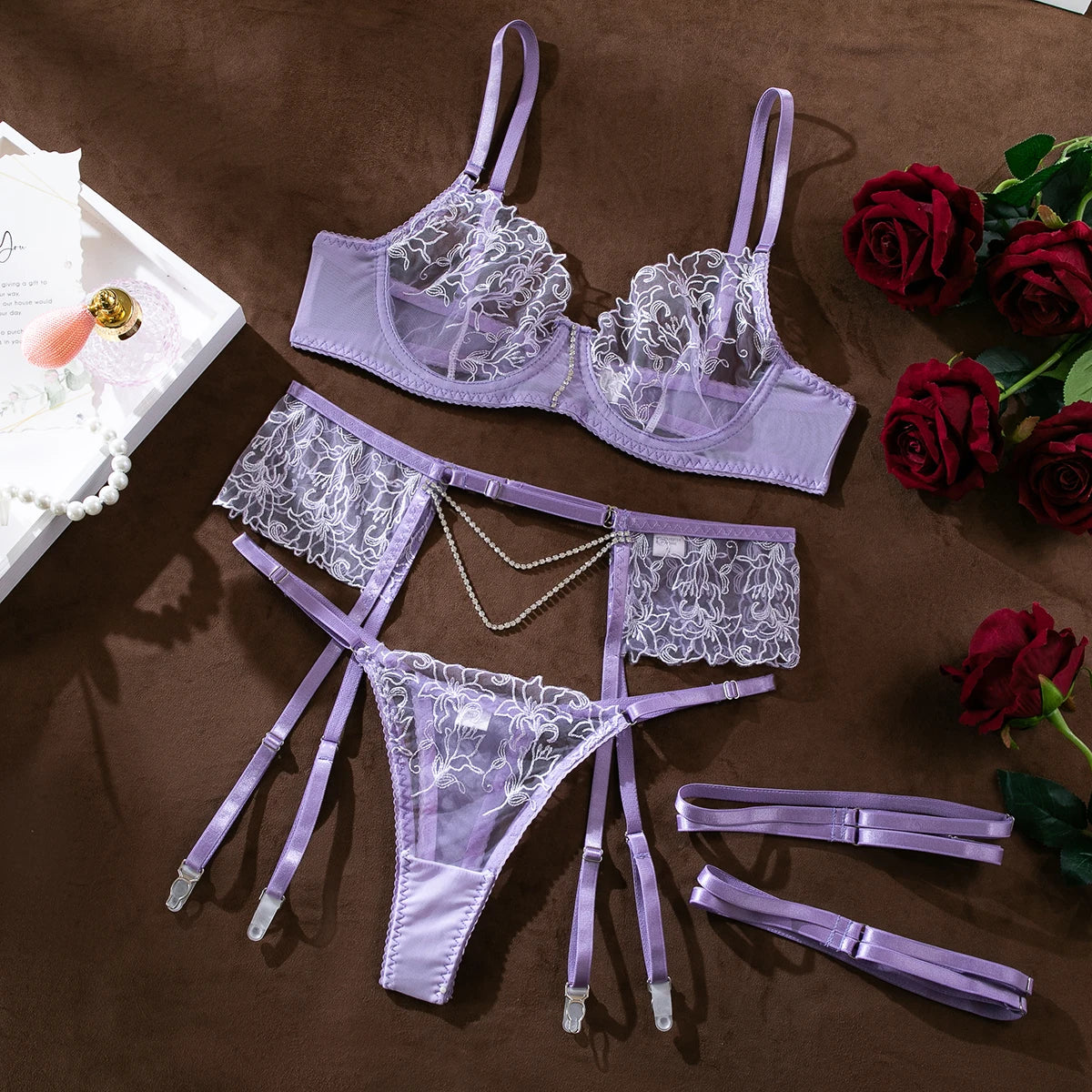 Purple Floral Intimate Transparent Lace Underwear & Pushup Bra Set