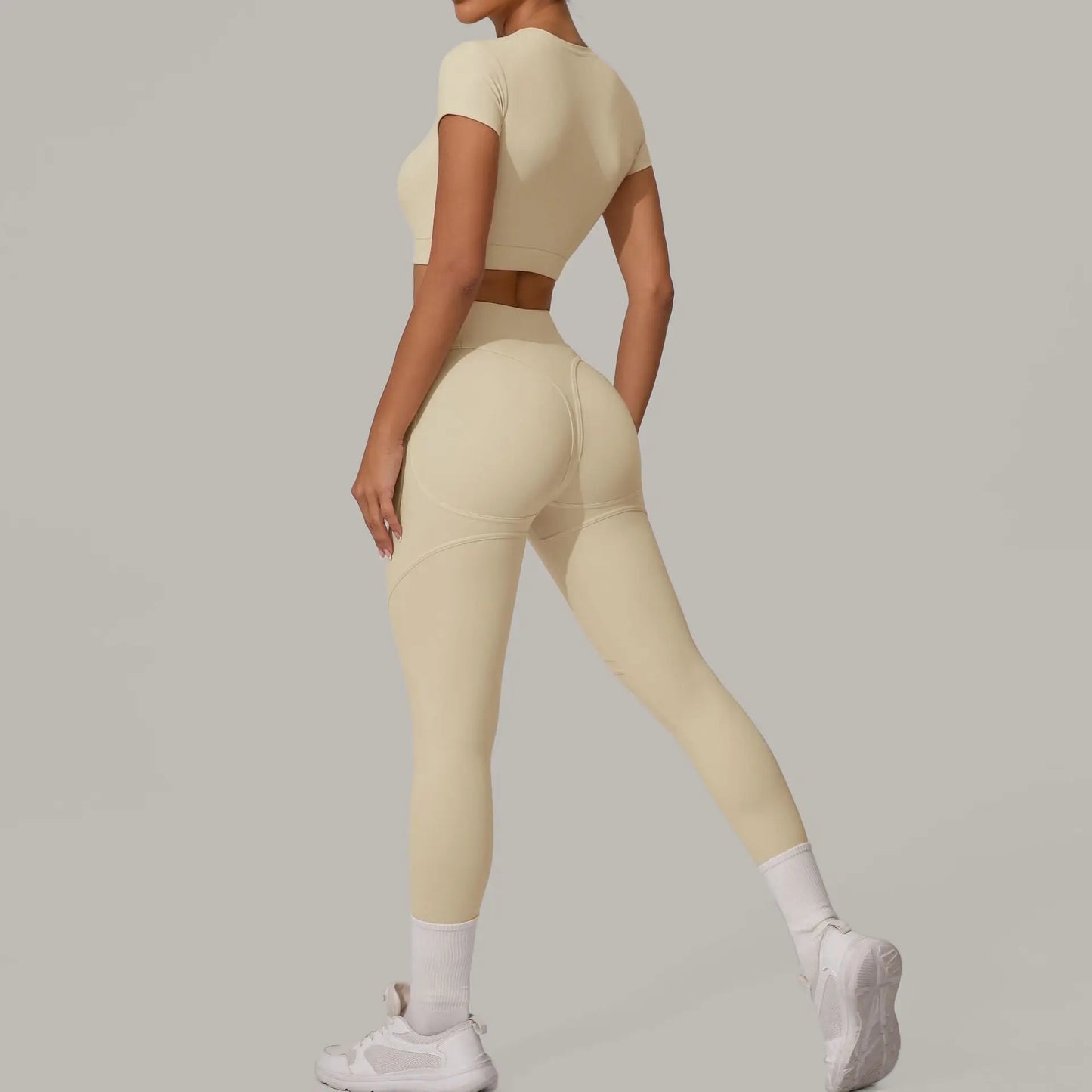 Women Yoga Set 2PCS Seamless Sportswear Workout Clothes Athletic Wear Gym Legging Fitness Bra Crop Top Short Sleeves Sports Suit