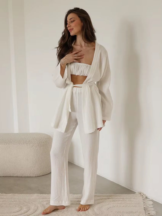 Marthaqiqi Casual Ladies Nightgowns Set V-Neck Sleepwear Long Sleeve Robe Tank Tops Pajamas Pants Casual Nightwear 3 Piece Suit