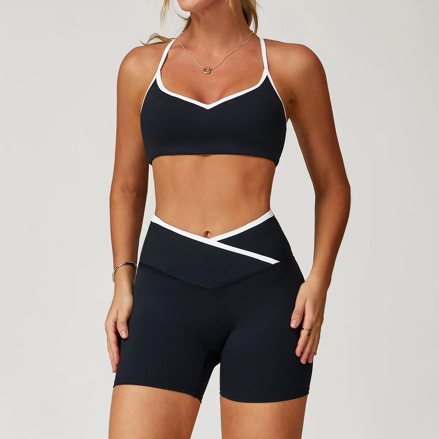 2 Pcs V Neck Front Gym Top & Shorts Set