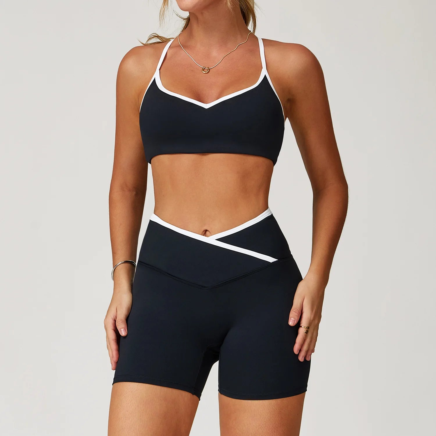 2 Pcs V Neck Front Gym Top & Shorts Set
