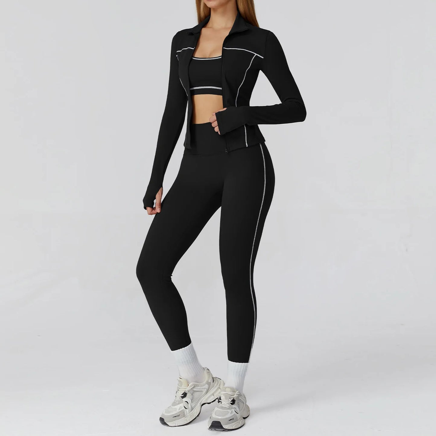 3PCS Seamless Crop Bra, Zip Front Jacket & High Waisted Gym Leggings Set