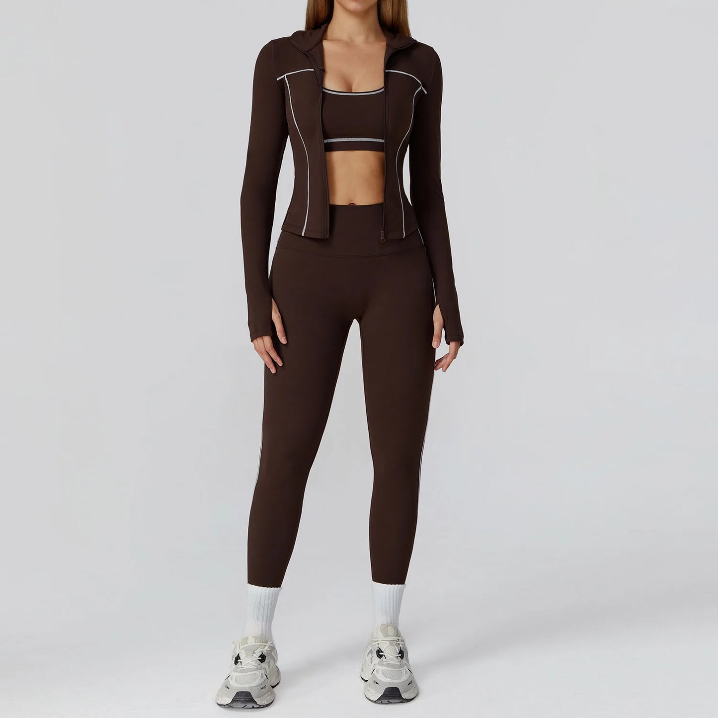 3PCS Seamless Crop Bra, Zip Front Jacket & High Waisted Gym Leggings Set