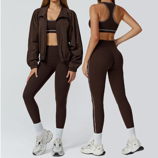 3PCS Seamless Crop Bra, Zip Front Jacket & High Waisted Gym Leggings Set