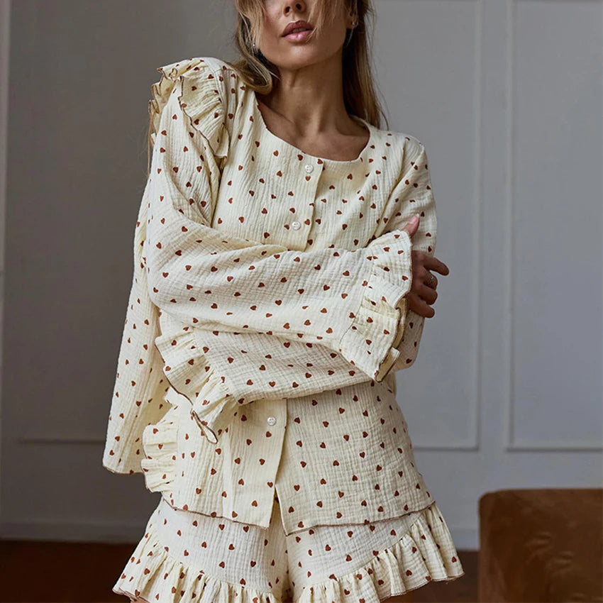 Ruffled Heart Print Long-Sleeved Top & Shorts  Cotton Pyjama Set