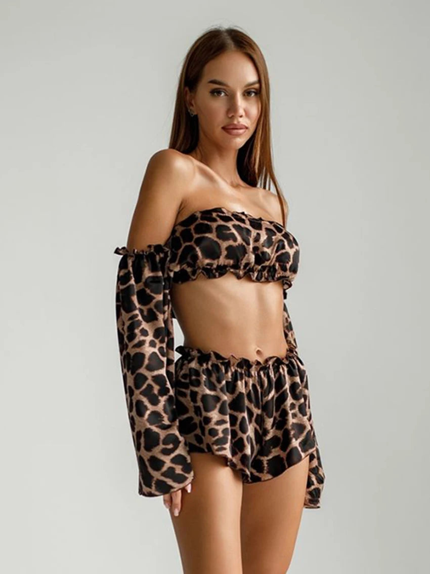 3 Pcs Leopard Print Crop Top & Shorts Pyjama Set