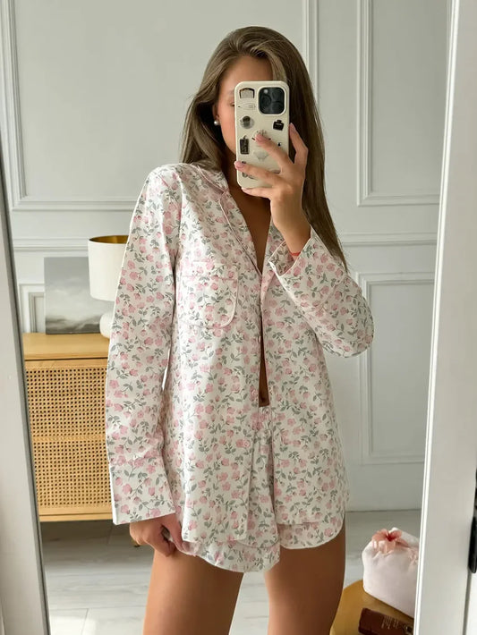 2 Pcs Floral Print Top & Shorts Pyjama Set