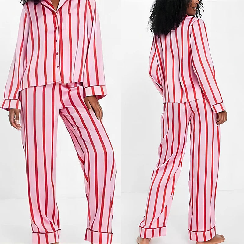 Pink Striped Silk Satin Pyjama Set