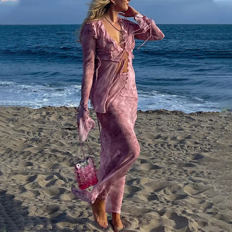 Y2K Mesh Sheer Long Sleeve Tie Front Blouse &Maxi Skirt Co-ord Set