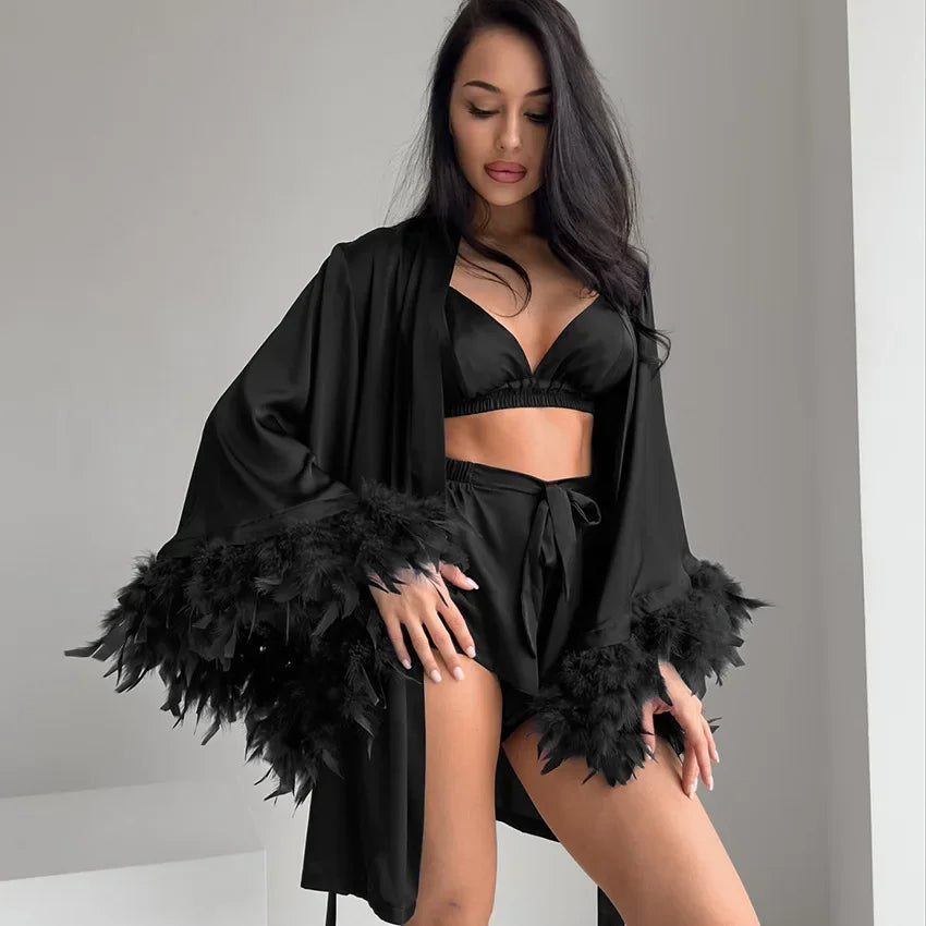 Silk Top Shorts Nightgown  3 Piece Set