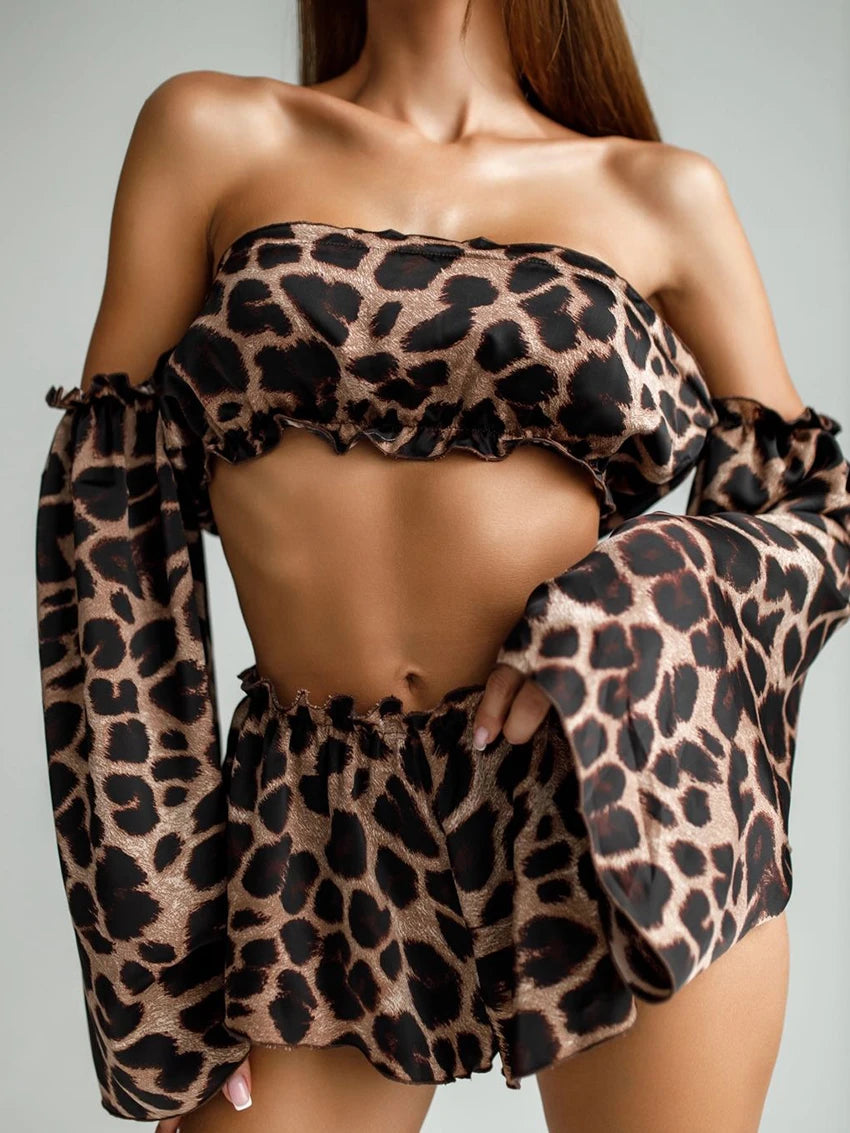 3 Pcs Leopard Print Crop Top & Shorts Pyjama Set