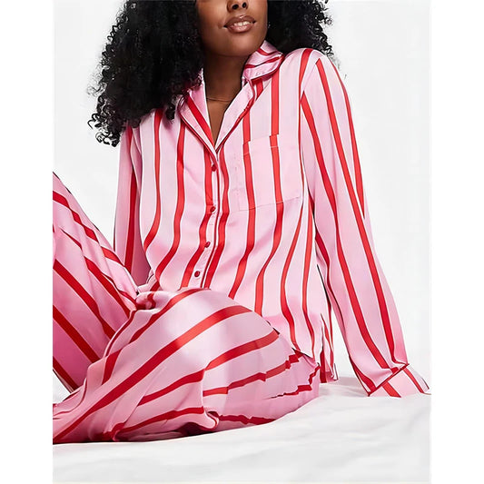 Pink Striped Silk Satin Pyjama Set