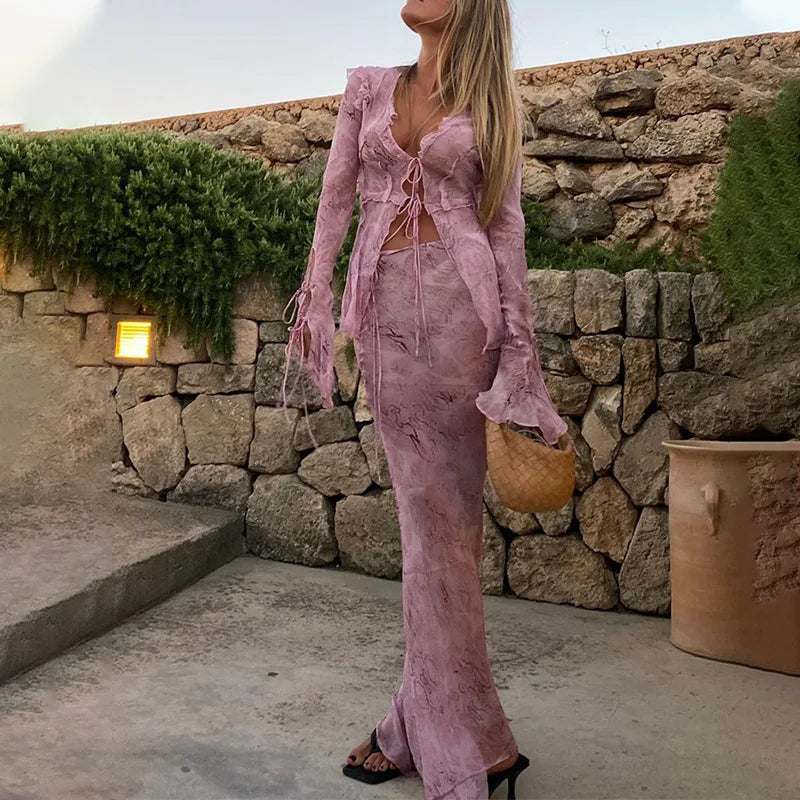Y2K Mesh Sheer Long Sleeve Tie Front Blouse &Maxi Skirt Co-ord Set