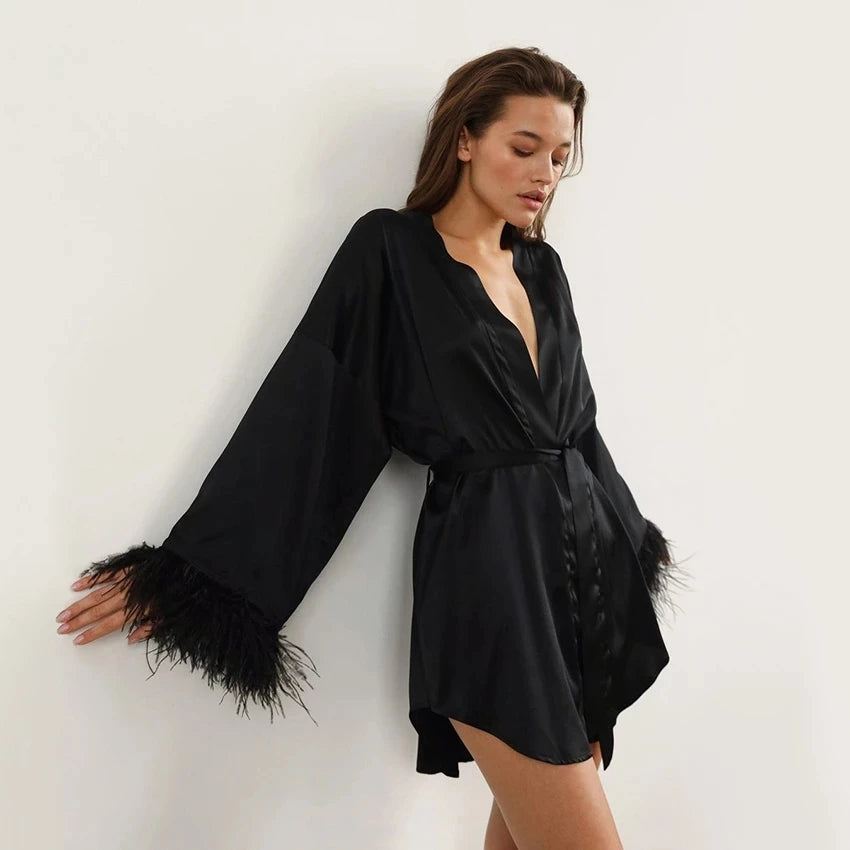 Feather Satin Sexy Robe 