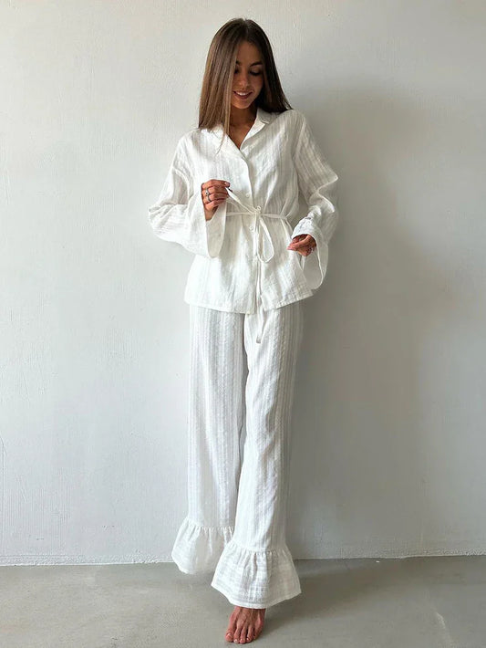 2 Pcs White Cotton Long Sleeve Pyjama Top & Bottom Set
