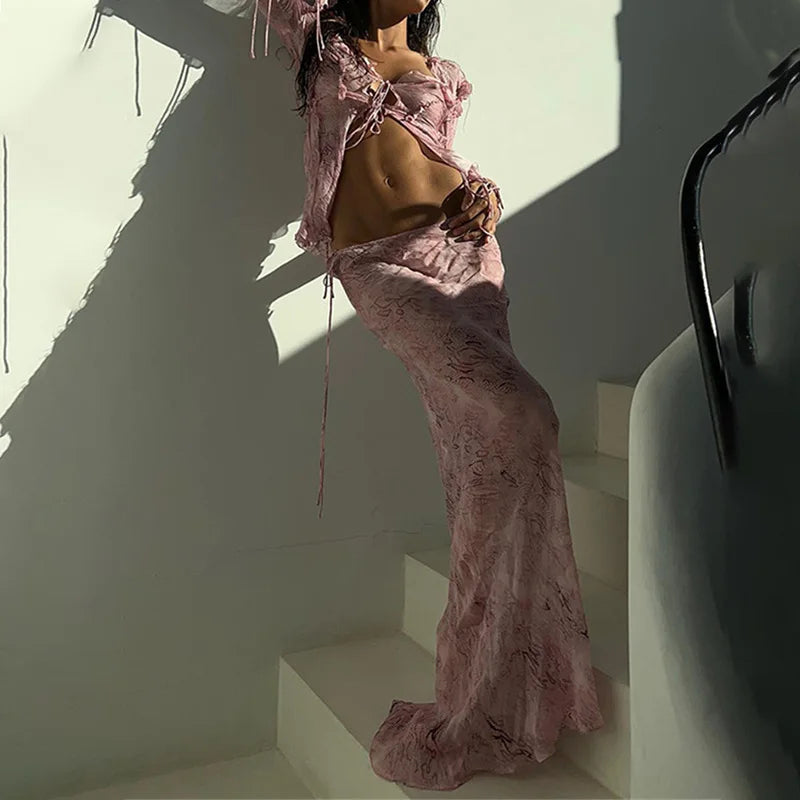 Y2K Mesh Sheer Long Sleeve Tie Front Blouse &Maxi Skirt Co-ord Set