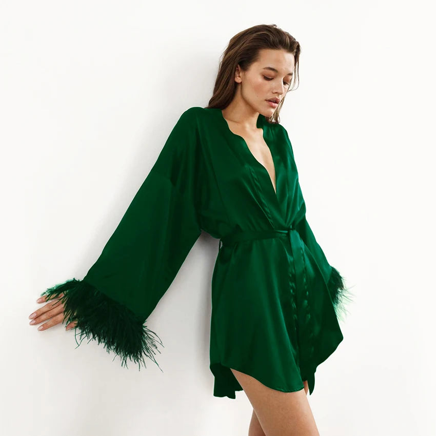 Feather Satin Sexy Robe 
