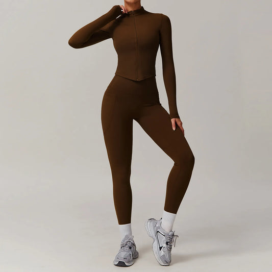 2PCS Long Sleeve Zip Front Top & High Waisted Gym Leggings
