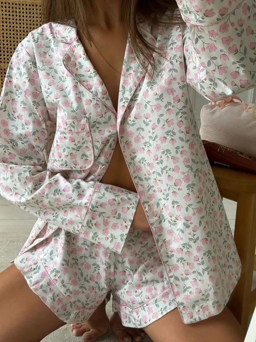 2 Pcs Floral Print Top & Shorts Pyjama Set