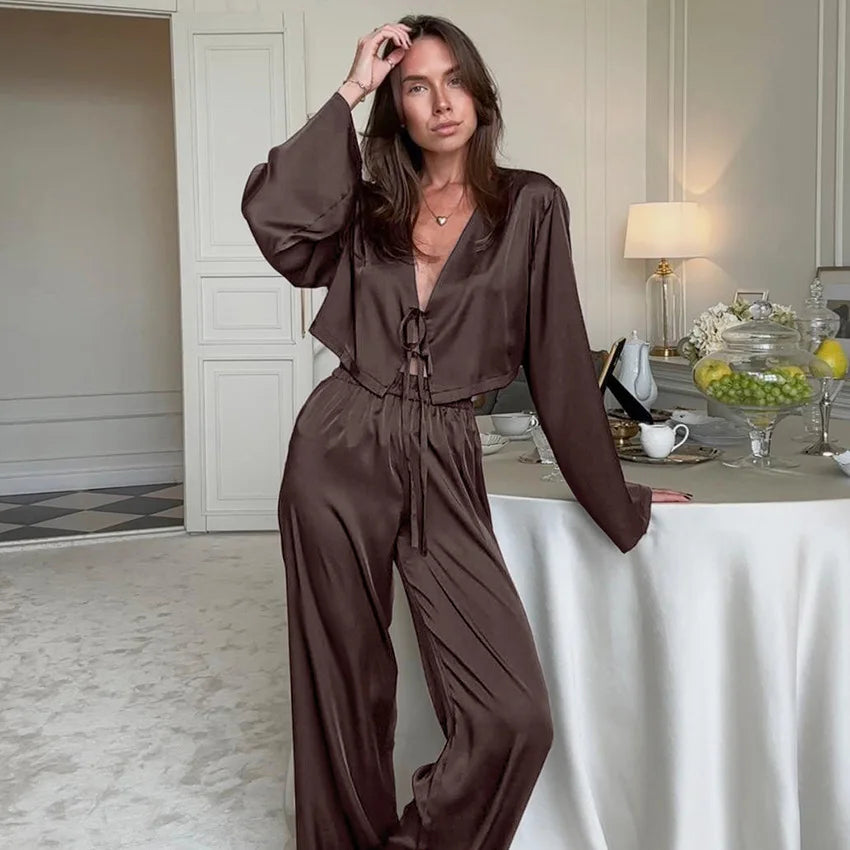 Brown V Neck Satin Crop Top & Pyjama Pants Set