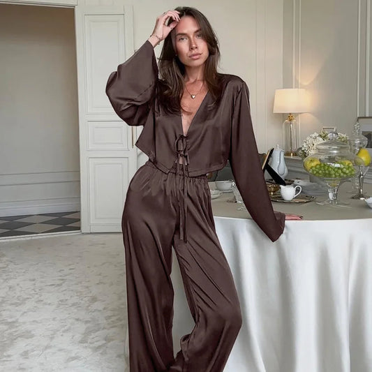 Brown V Neck Satin Crop Top & Pyjama Pants Set