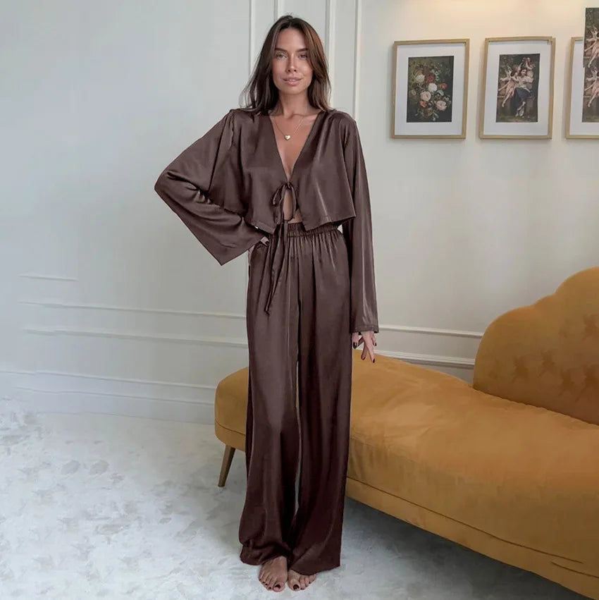 Brown V Neck Satin Crop Top & Pyjama Pants Set