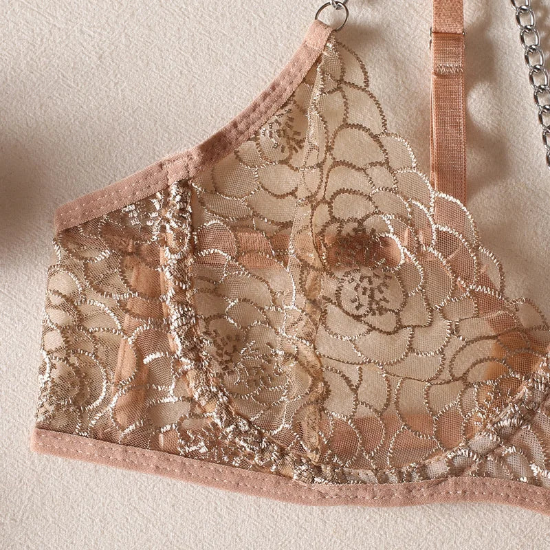 Sexy Lingerie Split Style Mesh Transparent Chain Detail Lace Skirt Edge Set