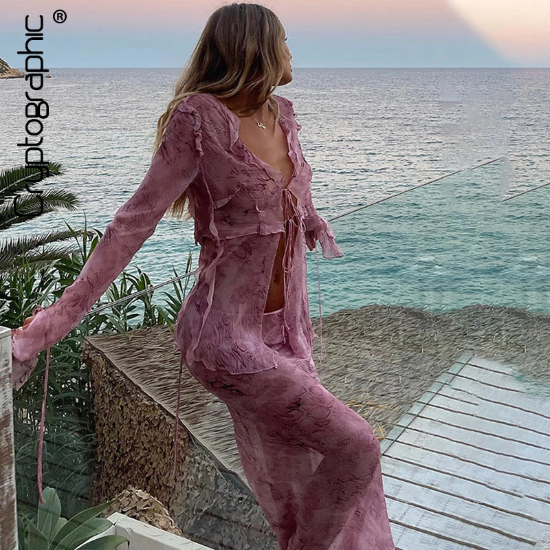 Y2K Mesh Sheer Long Sleeve Tie Front Blouse &Maxi Skirt Co-ord Set