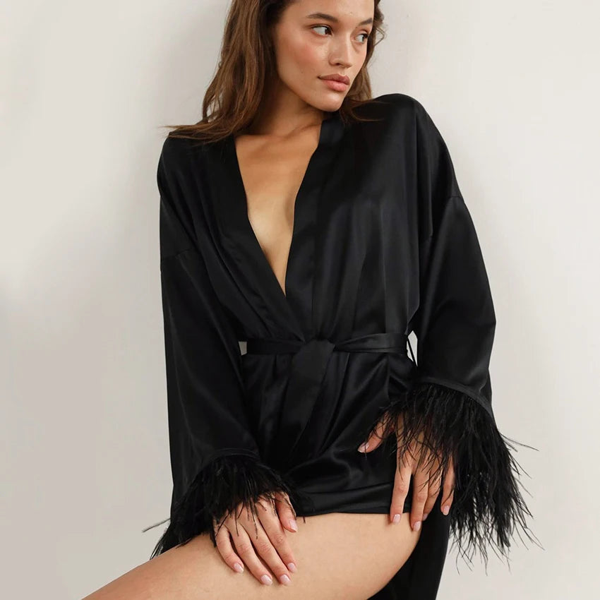 Feather Satin Sexy Robe 