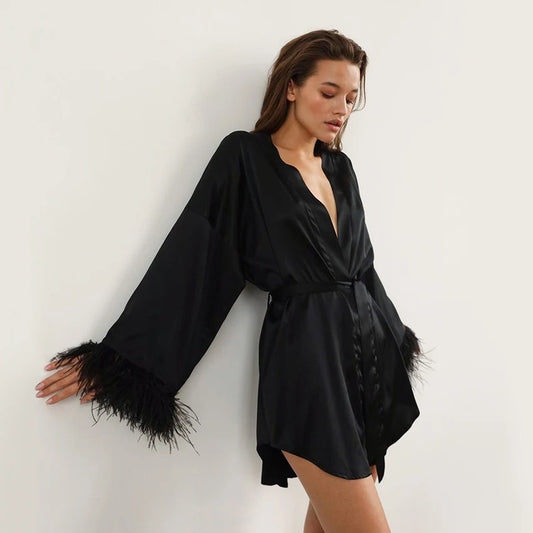 Feather Satin Sexy Robe 