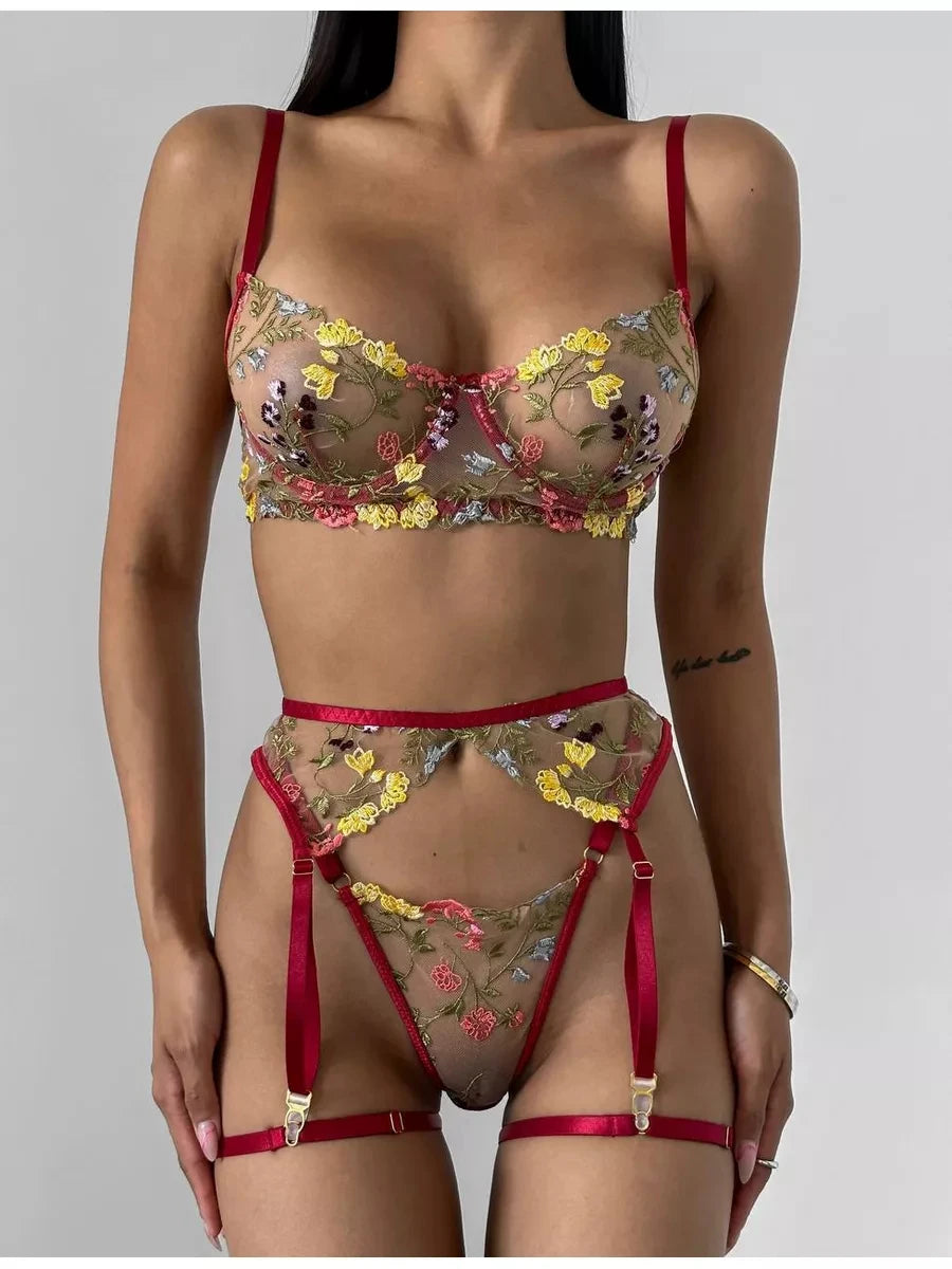 4 Pcs Mesh Floral Embroidery Bra and Brief Set with Garter