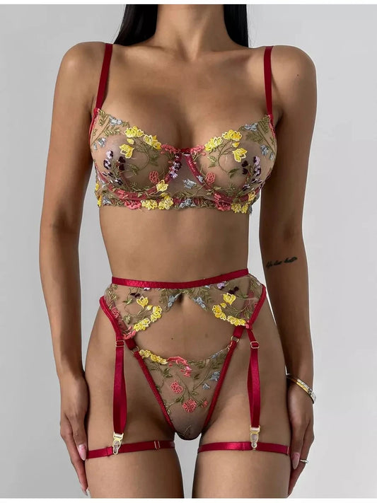 4 Pcs Mesh Floral Embroidery Bra and Brief Set with Garter
