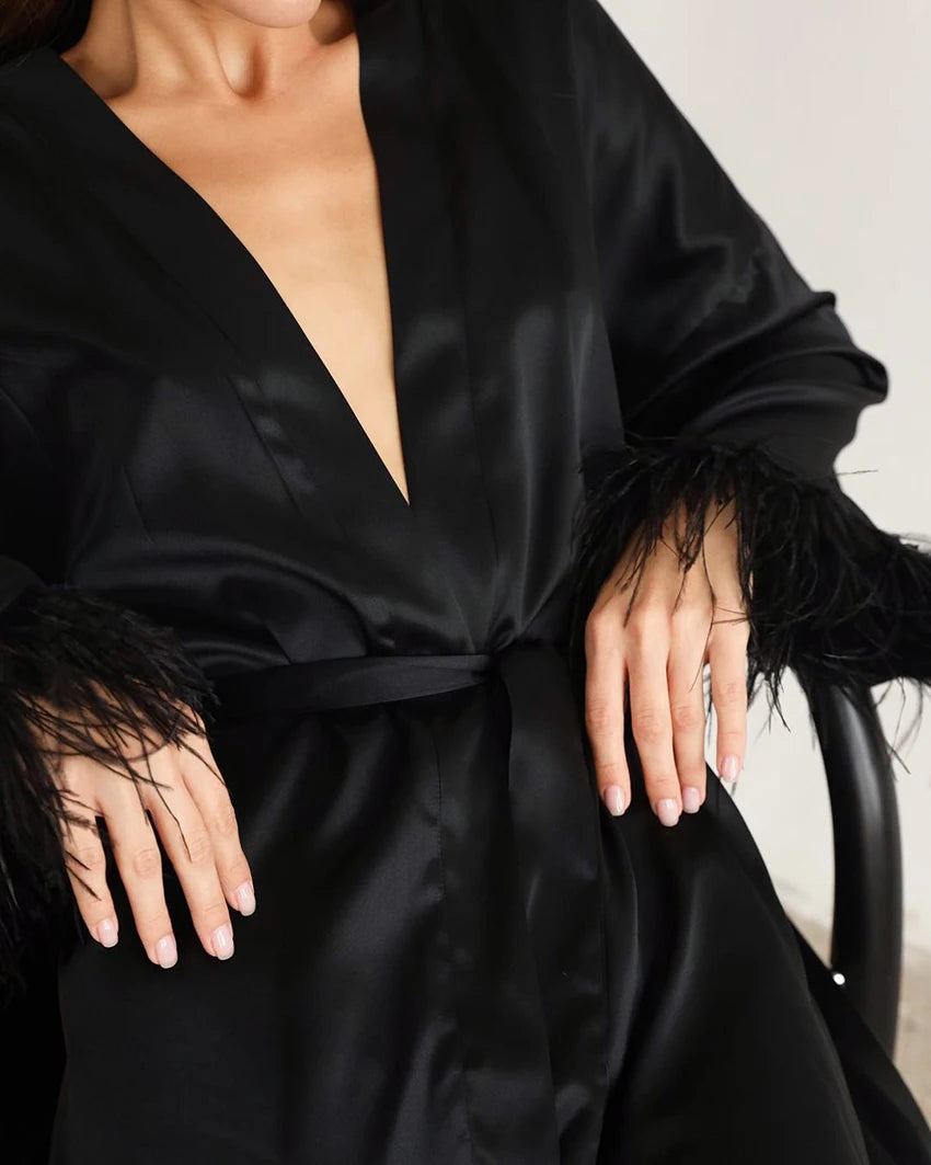 Feather Satin Sexy Robe 