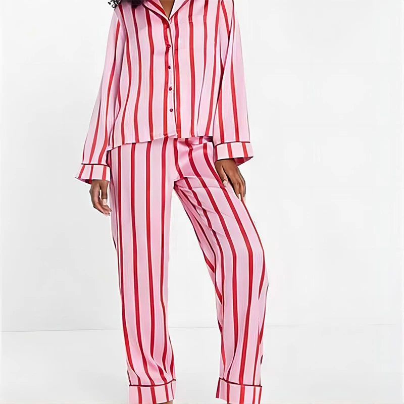 Pink Striped Silk Satin Pyjama Set